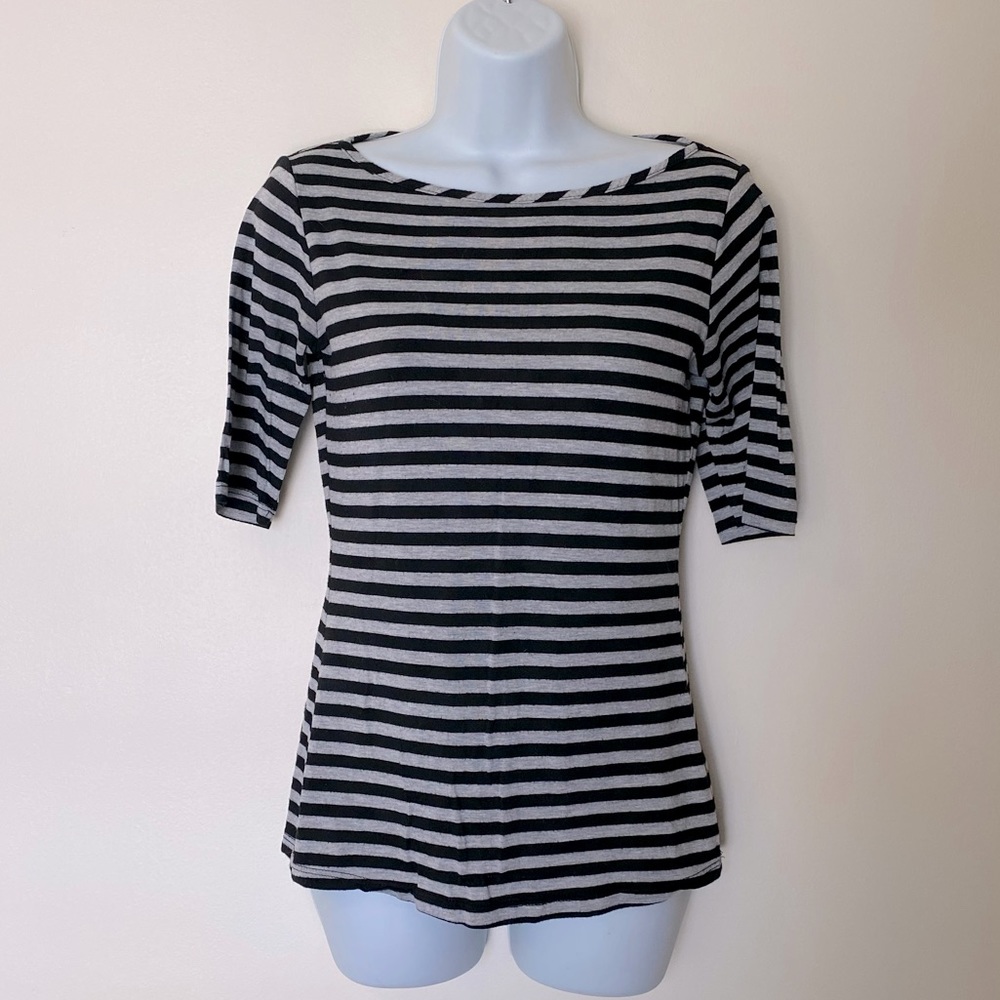 Boat Neck Casual Knit Top Grey & Black Stripe Shirt Small Made in USA